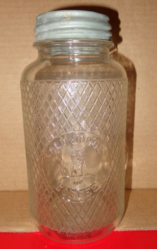 Vintage Old Judge Coffee Glass Jar Owl Logo Diamond Design Ball Zinc Lid 8 " T