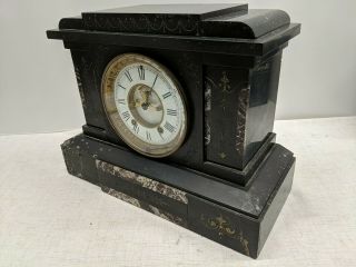 Vintage Antique Black Heavy Slate Marble French Mantel Clock Open Escapement