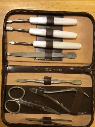 Vintage Germany Brown Leather Case 8 Piece Manicure Grooming Kit Set