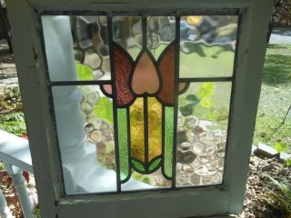 Hn - 95 Pretty Older English Tulip Leaded Stained Glass Window 4 On Hand 18 X 19