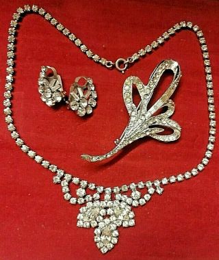 3 Various White Diamonte Vintage Jewellery Items Necklace,  Brooch & Earrings