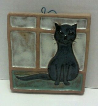 Vintage Signed Cub Denmark Blue Glazed Clay Pottery Cat Tile Wall Hanging