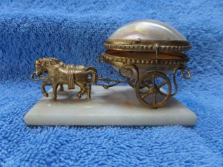 Vtg/atq French Palais Royale Style Mother Of Pearl Carriage Jewelry Box 2 Horses