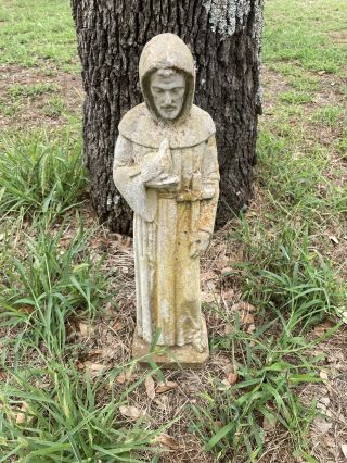Antique St.  Francis Concrete Garden Statue W/ Bird & Cross,  26”