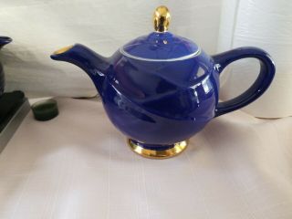 Vintage Hall Tea Pot 6 Cup Blue With Gold Highlights