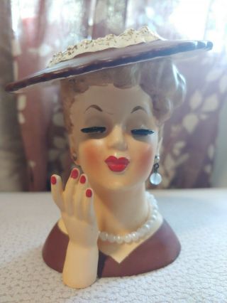 Vintage Napco 1958 Lady Head Vase Planter Pearls Red Lips Brown Dress & Hat