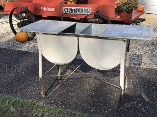 Vintage Galvanized Metal Double Washtub Wash Tub On Stand Farmhouse With Lid