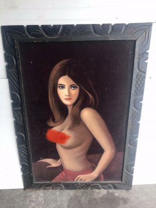 Vintage Nude Woman Maroon Velvet Painting Mid Century Girl Pinup 60s 70s