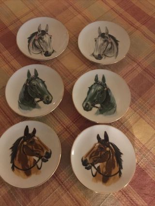 Set Of 6 - Vintage Decorative Horse Head Plates (4”).  Gold Type Trim.  Made In Japan