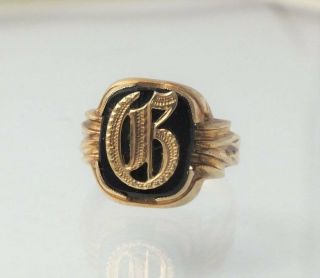 Antique Ostby Barton 10k Gold 4.  1 Grams Onyx Initial Signet Ring Size 10.  25