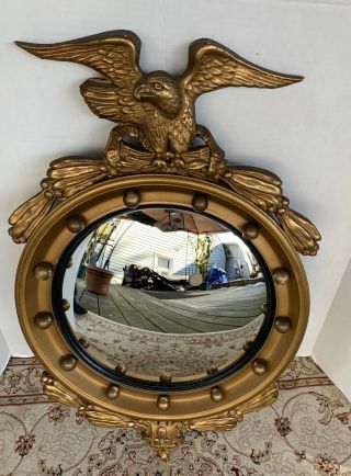 Vintage Wooden Federal Gold Eagle Convex Wall Mantle Mirror 13 Colonies