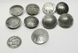 9 Vintage Navajo Silver Indian Head Buffalo Nickel Coins Buttons & Button Covers