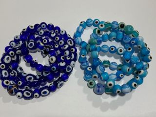 Vtg 2pc Cobalt Blue Glass Evil Eye Protection Spirit Beaded Necklace Strands