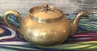 Vintage Brass Tea Pot Dragon Head Spout Etched Design In Brass Lion Lid Kettle