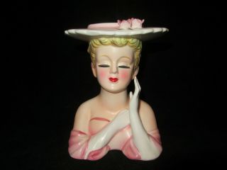 Vintage Lady Head Vase Planter Blonde In Pink W/ White Gloves & Floral Brim Hat
