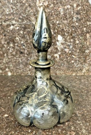 Antique Steuben Art Nouveau Perfume Bottle Etched Floral & Silver Overlay 6 "