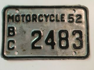 1952 British Columbia Motorcycle License Plate Canada Rare