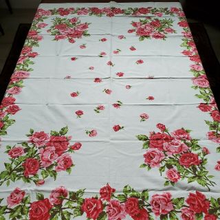 Vintage 1950s Rose Floral Cotton Tablecloth