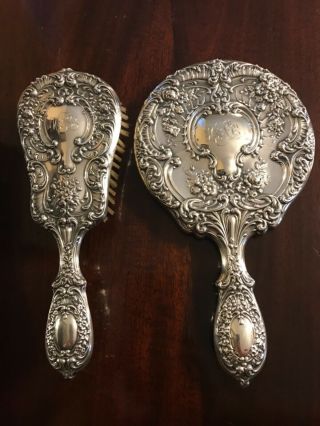Antique Gorham Sterling Silver Vanity Mirror & Brush Set Model 23