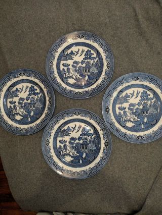 Set Of 4 Vtg Churchill Blue Willow 10 1/4 " Dinner Plates Staffordshire England
