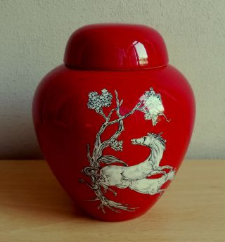 Vintage Crown Devon Red Ginger Jar With Black & White Wild Horses & Blossom