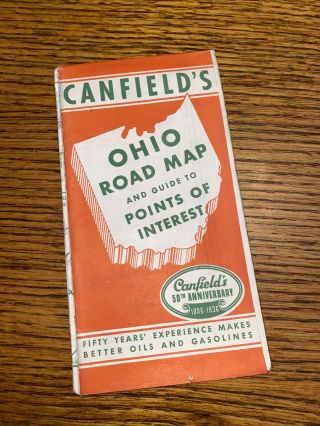 1936 Canfield’s Vintage Road Map Of Ohio.  Canzol 4900 & Wm.  Penn Motor Oil