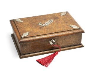 English Oak Cigar Box With Metal Mounts & Lock,  Antique Early 20th Century