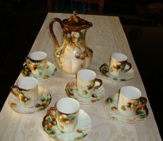 Antique Haviland Limoges Chocolate Coffee Tea Set,  6 Cups & Pot,  Hand Painted