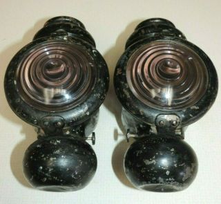 Set 2 Antique Ford Model T Kerosene Head Lights Amethyst Purple Lenses Brackets