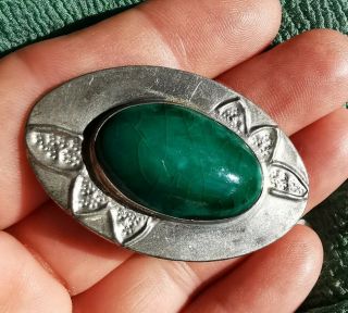 Vintage Arts & Crafts Pewter Emerald Green Ceramic Brooch - Ruskin