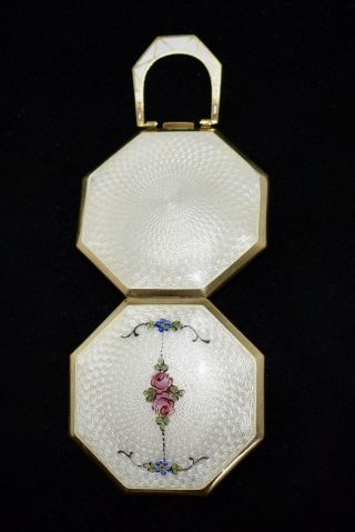 Lovely Antique La Mode Hand Painted Enamel Guilloche Floral Finger Ring Compact