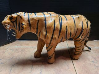 Vintage Leather Wrapped Paper Mache Tiger With Glass Eyes,  Teeth