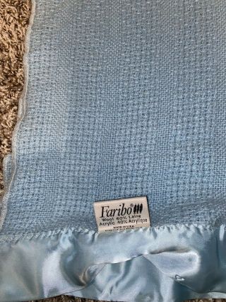 Vintage Faribo Wool Acrylic Blend Blue Satin Trim Blanket Twin