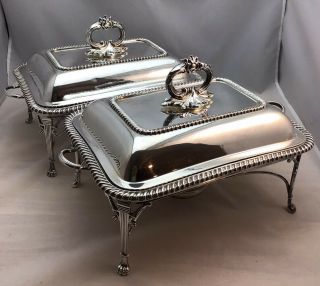 Pair Silver Entree Dishes Covers Stands Burners Walker & Hall Sheffield Lion Paw