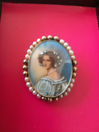 Vtg Hand Painted Cameo Portrait Celluloid Victorian Lady Pin Brooch,  1/20 12k Gf