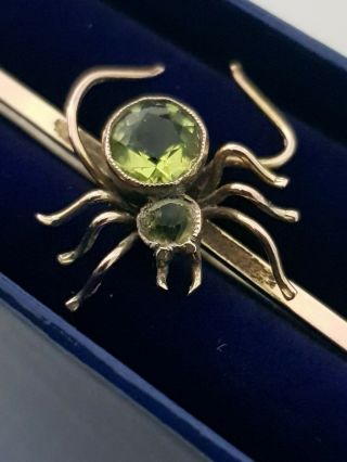 Unusual Antique 9ct Gold Spider Brooch With Peridot Stone Body,