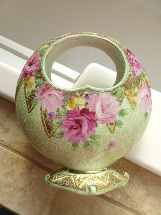 Htf Antique Hand Painted Nippon Moon Basket Vase Stunning Roses Beading