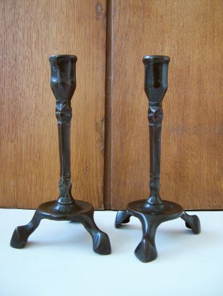 Antique,  Gothic Bronze,  Unusual,  6 7/8 " Tall,  Tripod Candlesticks.