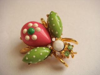 Vintage Marked Graziano Bee Fly Pin Brooch Gold Tone Pink Green Glass Rhinestone