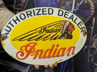 Old Vintage Oval Indian Motorcycles Porcelain Dealer Advertising Gas & Oil Sign