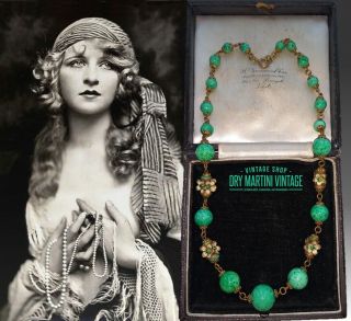 Antique Art Deco Bohemian Peking Glass Beads Enamel Necklace Signed Czech