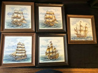 Set Of 5 Antique Framed Delft Tiles With Famous Dutch Ships.