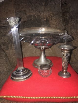 Antique Solid Silver Topped Items,  Bowl,  Vase And Candle Stick