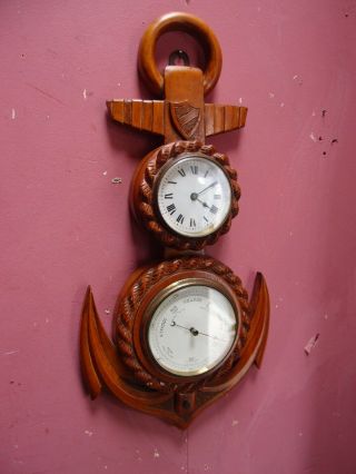 Antique Victorian Carved Oak Cased " Nautical Anchor " Clock & Barometer C1860