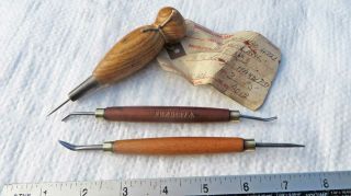 Vintage Trio Of Double Ended Burnishers & Awl Gilding Leatherworking Bookbinding