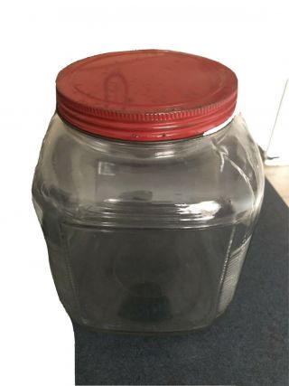 Vintage Clear Glass Jar With Red Metal Lid Ribbed Corners 8  Tall