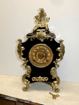 Antique Ansonia Iron Case Clock With Brass Decoration 8 Day Time And Strike
