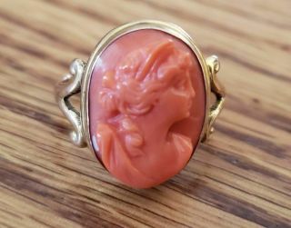 Antique Victorian 14kt Yellow Gold Hand Carved Coral Cameo Ring - Size 6.  5 - Oval