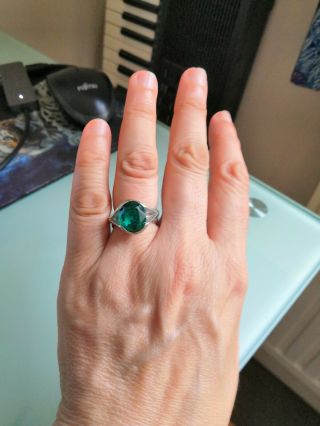 Vtg 925 Sterling Silver Emerald Green Glass Faceted Ring Size P Hipster