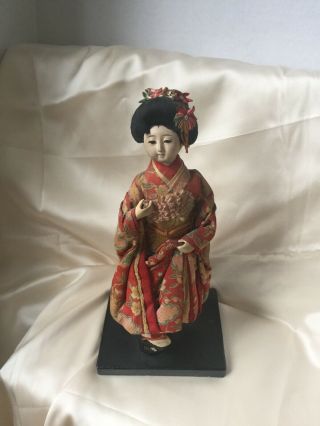 Vintage Japanese Doll On Stand With Porcelain Head Silk Kimono,  9.  5 "